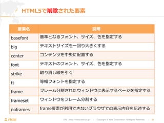 HTML5で削除された要素 
要素名説明 
basefont基準となるフォント、サイズ、⾊色を指定する 
bigテキストサイズを⼀一回り⼤大きくする 
centerコンテンツを中央に配置する 
fontテキストのフォント、サイズ、⾊色を指定する 
strike取り消し線を引く 
tt等幅フォントを指定する 
frameフレーム分割されたウィンドウに表⽰示するページを指定する 
framesetウィンドウをフレーム分割する 
noframesframe要素が利利⽤用できないブラウザでの表⽰示内容を記述する 
URL : http://www.asial.co.jp/　│　Copyright © Asial Corporation. All Rights Reserved. 　│　21 
 