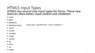 HTML5 Input Types 
HTML5 has several new input types for forms. These new 
features allow better input control and validation. 
 color 
 date 
 datetime 
 datetime-local 
<input type=“ typeOfControl” name=“anyName” > 
 email 
 month 
 number 
 range 
 search 
 tel 
 time 
 url 
 week 
12 
 