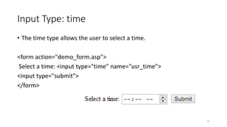 Input Type: time 
• The time type allows the user to select a time. 
<form action="demo_form.asp"> 
Select a time: <input type="time" name="usr_time"> 
<input type="submit"> 
</form> 
22 
 