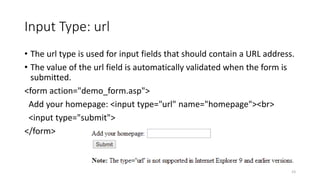 Input Type: url 
• The url type is used for input fields that should contain a URL address. 
• The value of the url field is automatically validated when the form is 
submitted. 
<form action="demo_form.asp"> 
Add your homepage: <input type="url" name="homepage"><br> 
<input type="submit"> 
</form> 
23 
 