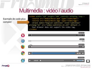 © Proxym-IT 
http://twitter.com/proxymit 
Technopole de Sousse / BP 184 – 4051 Sousse, Tunisia 
Phone : +216 73 82 12 22 / +33 4 34 08 02 48 Fax : +216 73 82 03 90 
http://www.proxym-it.com 
Multimédia : vidéo / audio 
<video width="320" height="240" controls autoplay loop > 
<source src="media/movie.mp4" type="video/mp4"> 
<source src="media/movie.ogg" type="video/ogg"> 
<track label="English subtitles" kind="subtitles" 
srclang="en" src="video-subtitles-en.vtt" default /> 
Your browser does not support the video tag. 
</video> 
Exemple de code plus 
complet 
 