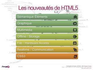 © Proxym-IT 
http://twitter.com/proxymit 
Les nouveautés de HTML5 
Technopole de Sousse / BP 184 – 4051 Sousse, Tunisia 
Phone : +216 73 82 12 22 / +33 4 34 08 02 48 Fax : +216 73 82 03 90 
http://www.proxym-it.com 
Sémantique Éléments 
Graphique 
Multimédia 
Offline / Storage 
File / Hardware Access 
Realtime / Communication 
CSS3 
18/11/2014 
 