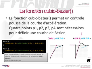 © Proxym-IT 
http://twitter.com/proxymit 
Technopole de Sousse / BP 184 – 4051 Sousse, Tunisia 
Phone : +216 73 82 12 22 / +33 4 34 08 02 48 Fax : +216 73 82 03 90 
http://www.proxym-it.com 
La fonction cubic-bezier() 
• La fonction cubic-bezier() permet un contrôle 
poussé de la courbe d’accélération. 
Quatre points p1, p2, p3, p4 sont nécessaires 
pour définir une courbe de Bézier. 
#elem { 
transition: 1s cubic-bezier(0.5, 1, 0.5, 0.8); 
} 
#elem { 
transition: 1s cubic-bezier(0.5, 2, 0.5, 0.8); 
} 
Vous trouvez plusieurs application en ligne qui permet de 
générer facilement les paramétres de la fonction cubic-bezier(). 
http://cubic-bezier.com 
 