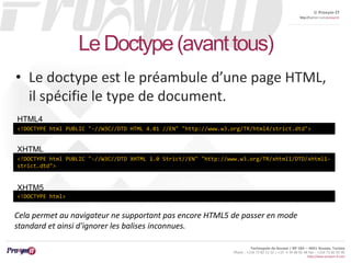 © Proxym-IT 
http://twitter.com/proxymit 
HTML4 
<!DOCTYPE html PUBLIC "-//W3C//DTD HTML 4.01 //EN" "http://www.w3.org/TR/html4/strict.dtd"> 
XHTML 
<!DOCTYPE html PUBLIC "-//W3C//DTD XHTML 1.0 Strict//EN" "http://www.w3.org/TR/xhtml1/DTD/xhtml1- 
strict.dtd"> 
Technopole de Sousse / BP 184 – 4051 Sousse, Tunisia 
Phone : +216 73 82 12 22 / +33 4 34 08 02 48 Fax : +216 73 82 03 90 
http://www.proxym-it.com 
Le Doctype (avant tous) 
• Le doctype est le préambule d’une page HTML, 
il spécifie le type de document. 
XHTM5 
<!DOCTYPE html> 
Cela permet au navigateur ne supportant pas encore HTML5 de passer en mode 
standard et ainsi d'ignorer les balises inconnues. 
 