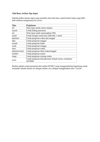 Nilai Baru Atribut Tipe Input
Sebuah atribut elemen input yang memiliki nilai-nilai baru, untuk kontrol input yang lebih
baik sebelum mengirimnya ke server:
Tipe Penjelasan
tel Nilai input untuk nomor telepon
search Untuk bidang pencarian
url Nilai input untuk memasukkan URL
email Untuk mengisi email atau lebih dari 1 email
datetime Untuk pengisian waktu dan tanggal
date Untuk pengisian tanggal
month Untuk pengisian bulan
week Untuk pengisian minggu
time Untuk pengisian waktu
datetime-local Untuk pengisian lokal waktu/tanggal
number Untuk pengisian nomer
range Untuk pengisian rentang waktu
color
Untuk pengisian heksadesimal sebuah warna, contohnya
#FF8800
Berikut adalah contoh penulisan dari atribut HTML5 yang menggambarkan bagaimana untuk
menandai sebuah elemen div dengan atribut class dengan menggunakan nilai “contoh“:
 