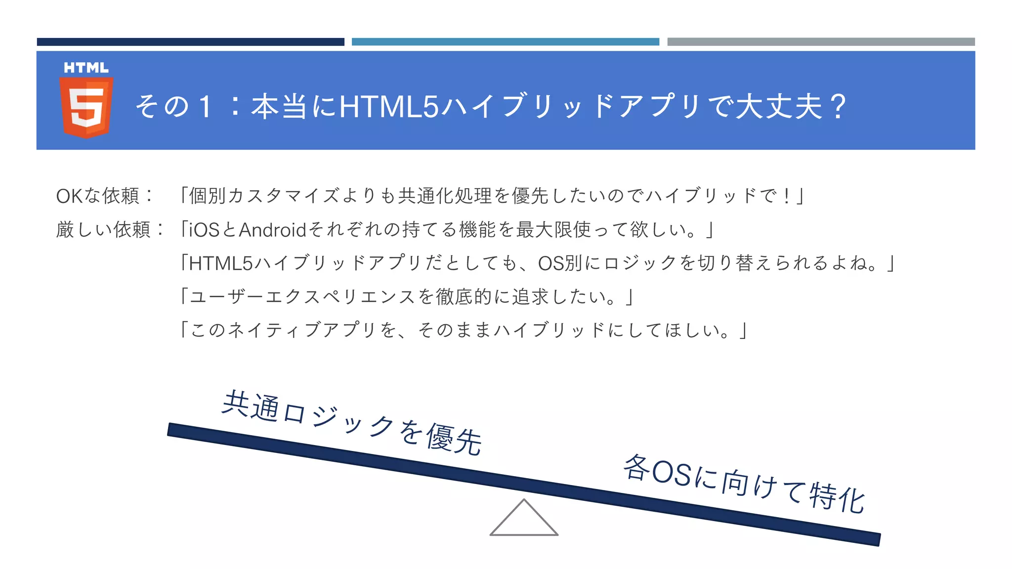 その１：本当にHTML5ハイブリッドアプリで大丈夫？
OKな依頼： 「個別カスタマイズよりも共通化処理を優先したいのでハイブリッドで！」
厳しい依頼：「iOSとAndroidそれぞれの持てる機能を最大限使って欲しい。」
「HTML5ハイブリッドアプリだとしても、OS別にロジックを切り替えられるよね。」
「ユーザーエクスペリエンスを徹底的に追求したい。」
「このネイティブアプリを、そのままハイブリッドにしてほしい。」
 
