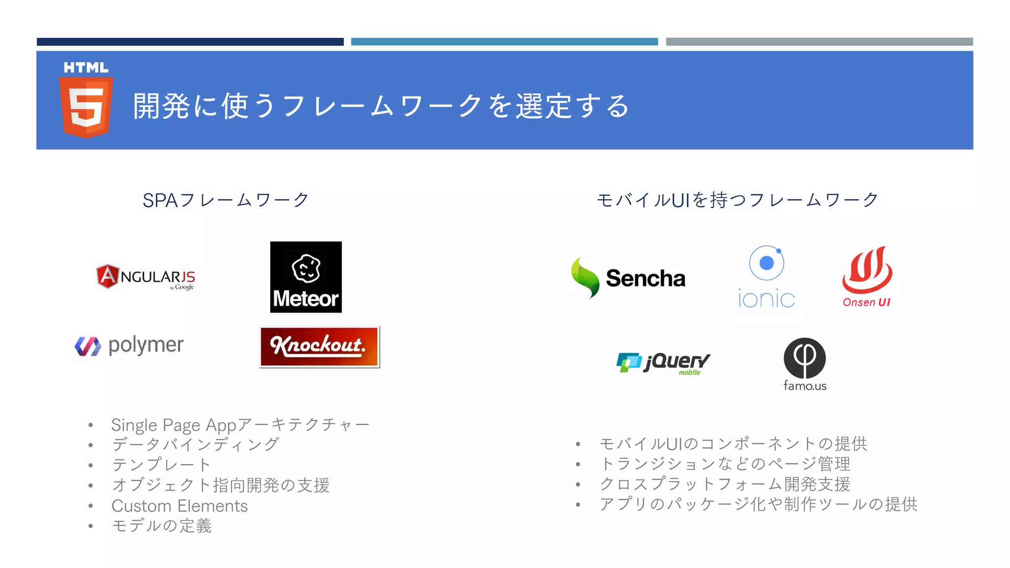 開発に使うフレームワークを選定する
モバイルUIを持つフレームワークSPAフレームワーク
• Single Page Appアーキテクチャー
• データバインディング
• テンプレート
• オブジェクト指向開発の支援
• Custom Elements
• モデルの定義
• モバイルUIのコンポーネントの提供
• トランジションなどのページ管理
• クロスプラットフォーム開発支援
• アプリのパッケージ化や制作ツールの提供
 
