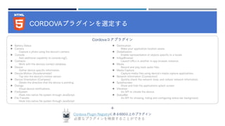 CORDOVAプラグインを選定する
 Battery Status
 Camera
Capture a photo using the device's camera.
 Console
Add additional capability to console.log().
 Contacts
Work with the devices contact database.
 Device
Gather device specific information.
 Device Motion (Accelerometer)
Tap into the device's motion sensor.
 Device Orientation (Compass)
Obtain the direction that the device is pointing.
 Dialogs
Visual device notifications.
 FileSystem
Hook into native file system through JavaScript.
 File Transfer
Hook into native file system through JavaScript.
 Geolocation
Make your application location aware.
 Globalization
Enable representation of objects specific to a locale.
 InAppBrowser
Launch URLs in another in-app browser instance.
 Media
Record and play back audio files.
 Media Capture
Capture media files using device's media capture applications.
 Network Information (Connection)
Quickly check the network state, and cellular network information.
 Splashscreen
Show and hide the applications splash screen.
 Vibration
An API to vibrate the device.
 StatusBar
An API for showing, hiding and configuring status bar background.
Cordovaコアプラグイン
Cordova Plugin Registryにある600以上のプラグイン
＋
必要なプラグインを検索することができる
 