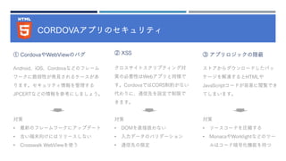 CORDOVAアプリのセキュリティ
③ アプリロジックの隠蔽② XSS① CordovaやWebViewのバグ
対策
• 最新のフレームワークにアップデート
• 古い端末向けにはリリースしない
• Crosswalk WebViewを使う
対策
• DOMを直接扱わない
• 入力データのバリデーション
• 通信先の限定
対策
• ソースコードを圧縮する
• MonacaやWorklightなどのツー
ルはコード暗号化機能を持つ
Android、iOS、Cordovaなどのフレーム
ワークに脆弱性が発見されるケースがあ
ります。セキュリティ情報を管理する
JPCERTなどの情報を参考にしましょ
う。
クロスサイトスクリプティング対
策の必要性はWebアプリと同様で
す。CordovaではCORS制約がない
代わりに、通信先を設定で制限で
きます。
ストアからダウンロードしたパッ
ケージを解凍するとHTMLや
JavaScriptコードが容易に閲覧でき
てしまいます。
 