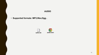 AUDIO
• Supported formats: MP3,Wav,Ogg .
19
 