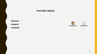 YOUTUBE VIDEOS
<iframe>
<object>
<embed>
21
 