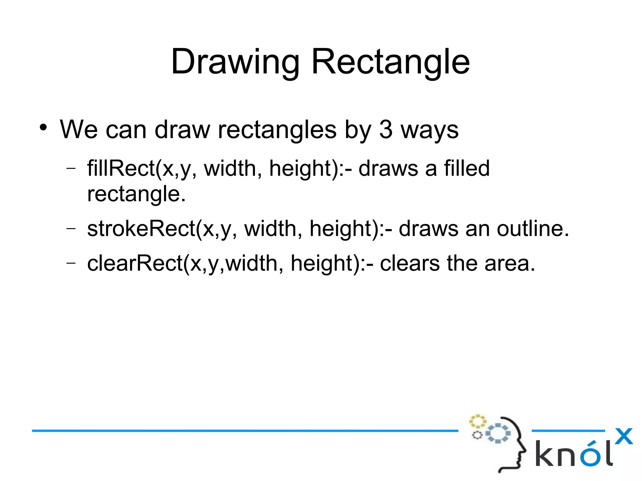 Drawing Rectangle
● We can draw rectangles by 3 ways
– fillRect(x,y, width, height):- draws a filled rectangle.
– strokeRect(x,y, width, height):- draws an outline.
– clearRect(x,y,width, height):- clears the area.
 