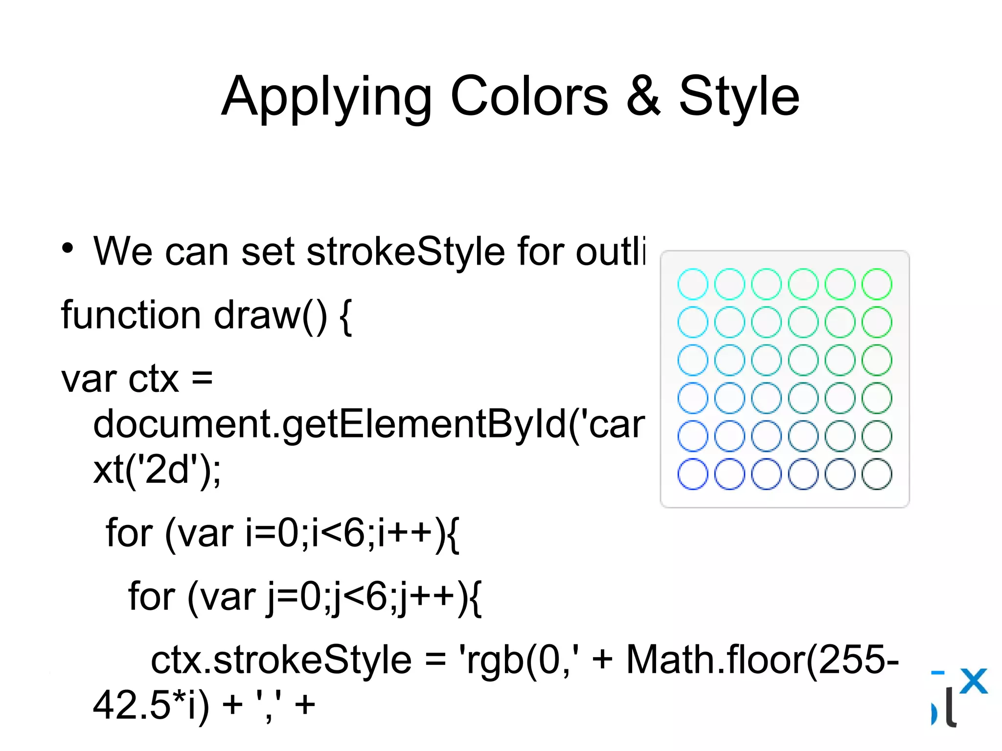Applying Colors & Style
●
We can set strokeStyle for outlining the object.
function draw() {
var ctx = document.getElementById('canvas').getContext('2d');
for (var i=0;i<6;i++){
for (var j=0;j<6;j++){
ctx.strokeStyle = 'rgb(0,' + Math.floor(255-42.5*i) + ',' +
Math.floor(255-42.5*j) + ')';
ctx.beginPath();
ctx.arc(12.5+j*25,12.5+i*25,10,0,Math.PI*2,true);
ctx.stroke();
}
}
}
 