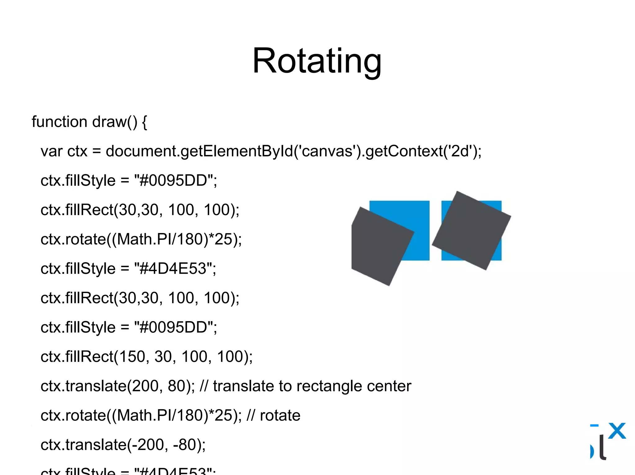 Rotating
function draw() {
var ctx = document.getElementById('canvas').getContext('2d');
ctx.fillStyle = "#0095DD";
ctx.fillRect(30,30, 100, 100);
ctx.rotate((Math.PI/180)*25);
ctx.fillStyle = "#4D4E53";
ctx.fillRect(30,30, 100, 100);
ctx.fillStyle = "#0095DD";
ctx.fillRect(150, 30, 100, 100);
ctx.translate(200, 80); // translate to rectangle center
ctx.rotate((Math.PI/180)*25); // rotate
ctx.translate(-200, -80);
ctx.fillStyle = "#4D4E53";
ctx.fillRect(150, 30, 100, 100);
}
 