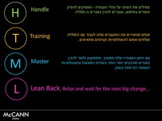 H
T
M
L
Handle ‫העבודה‬ ‫נהלי‬ ‫על‬ ‫השינוי‬ ‫את‬ ‫מחילים‬-‫מפסיקים‬‫להפיק‬
‫חומרים‬‫בפלאש‬,‫ב‬ ‫באנרים‬ ‫להכין‬ ‫ועוברים‬-HTML.
Training ‫עם‬ ‫לעבוד‬ ‫שלנו‬ ‫המעצבים‬ ‫את‬ ‫מכשירים‬ ‫אנחנו‬HTML5.
‫מתאימים‬ ‫וקורסים‬ ‫להשתלמויות‬ ‫אותם‬ ‫שולחים‬.
Master
‫ממשיך‬ ‫שלנו‬ ‫הסטודיו‬ ‫הזמן‬ ‫עם‬,‫להכין‬ ‫ולומד‬ ‫מתמקצע‬
‫והטכנולוגיות‬ ‫התוכנות‬ ‫בעזרת‬ ‫ויותר‬ ‫יותר‬ ‫מורכבים‬ ‫באנרים‬
‫בשוק‬ ‫הקיימות‬ ‫השונות‬.
Lean Back, Relax and wait for the next big change…
 