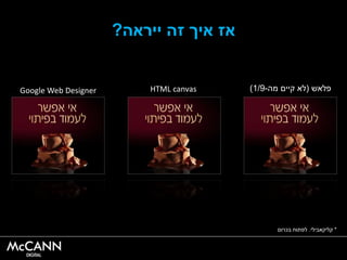 ‫ייראה‬ ‫זהĬ ‫איך‬ ‫אז‬?
‫פלאש‬(‫מה‬ ‫קיים‬ ‫לא‬-1/9)HTML canvasGoogle Web Designer
*‫קליקאבילי‬.‫בכרום‬ ‫לפתוח‬
 