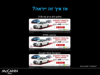 ‫ייראה‬ ‫זהĬ ‫איך‬ ‫אז‬?
‫פלאש‬(‫מה‬ ‫קיים‬ ‫לא‬-1/9)
HTML canvas
Google Web Designer
*‫קליקאבילי‬.‫בכרום‬ ‫לפתוח‬
 