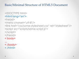 Basic/Minimal Structure of HTML5 Document
<!DOCTYPE html>
<html lang="en">
<head>
<meta charset="utf-8"/>
<link href="css/some-stylesheet.css“ rel="stylesheet"/>
<script src="scripts/some-script.js">
</script>
</head>
< body>
...
< /body>
< /html>
 