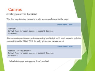 Canvas
Creating a canvas Element
Onload of the page we triggering draw(); method
 