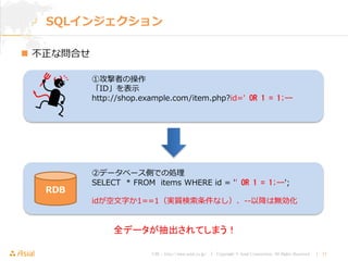 URL : http://www.asial.co.jp/ │ Copyright © Asial Corporation. All Rights Reserved. │ 17
SQLインジェクション
 不正な問合せ
①攻撃者の操作
「ID」を表示
http://shop.example.com/item.php?id=' OR 1 = 1;--
全データが抽出されてしまう！
RDB
②データベース側での処理
SELECT * FROM items WHERE id = '' OR 1 = 1;--';
idが空文字か1==1（実質検索条件なし）、--以降は無効化
 