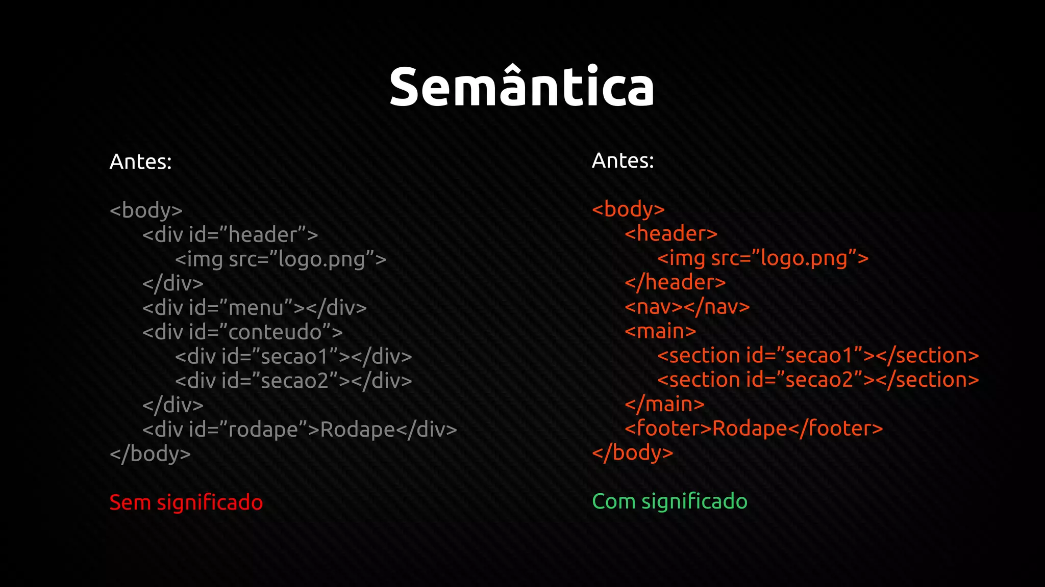 Semântica
Antes:
<body>
<div id=”header”>
<img src=”logo.png”>
</div>
<div id=”menu”></div>
<div id=”conteudo”>
<div id=”secao1”></div>
<div id=”secao2”></div>
</div>
<div id=”rodape”>Rodape</div>
</body>
Sem significado
Antes:
<body>
<header>
<img src=”logo.png”>
</header>
<nav></nav>
<main>
<section id=”secao1”></section>
<section id=”secao2”></section>
</main>
<footer>Rodape</footer>
</body>
Com significado
 