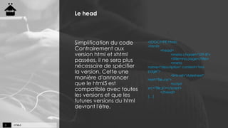 HTML53
Le head
Simplification du code
Contrairement aux
version html et xhtml
passées, il ne sera plus
nécessaire de spécifier
la version. Cette une
manière d'annoncer
que le html5 est
compatible avec toutes
les versions et que les
futures versions du html
devront l'être.
<!DOCTYPE html>
<html>
<head>
<meta charset="UTF-8">
<title>ma page</title>
<meta
name="description" content="ma
page">
<link rel="stylesheet"
href="file.css">
<script
src="file.js"></script>
</head>
(…)
 