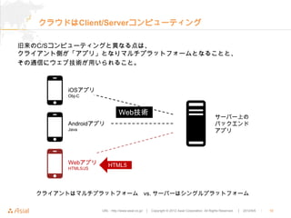 クラウドはClient/Serverコンピューティング

旧来のC/Sコンピューティングと異なる点は、
クライアント側が「アプリ」となりマルチプラットフォームとなることと、
その通信にウェブ技術が用いられること。



        iOSアプリ
        Obj-C



                              Web技術
                                                                                                サーバー上の
        Androidアプリ                                                                              バックエンド
        Java                                                                                    アプリ




        Webアプリ         HTML5
        HTML5/JS




  クライアントはマルチプラットフォーム vs. サーバーはシングルプラットフォーム

                   URL : http://www.asial.co.jp/   │ Copyright © 2012 Asial Corporation. All Rights Reserved.   │ 2012/6/6   ｜   12
 