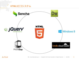 HTML5エコシステム




         URL : http://www.asial.co.jp/   │ Copyright © 2012 Asial Corporation. All Rights Reserved.   │ 2012/6/6   ｜   19
 