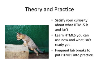 Theory and Practice Satisfy your curiosity about what HTML5 is and isn't Learn HTML5 you can use now and what isn't ready yet Frequent lab breaks to put HTML5 into practice 