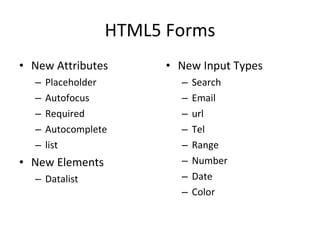 HTML5 Forms New Attributes Placeholder Autofocus Required Autocomplete list New Elements Datalist New Input Types Search Email url Tel Range Number Date Color 