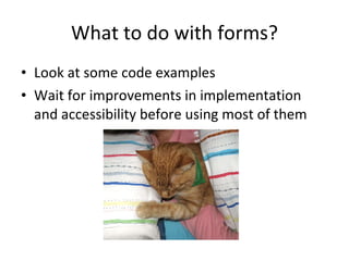 What to do with forms? Look at some code examples Wait for improvements in implementation and accessibility before using most of them 