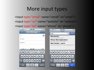 More input types <ul><li><input  type=&quot;email&quot;  name=&quot;email&quot; id=&quot;email&quot;> </li></ul><ul><li><i...