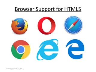 Browser Support for HTML5
Thursday, January 19, 2017
 