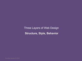 Thursday, January 19, 2017
Three Layers of Web Design
Structure, Style, Behavior
 