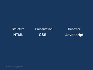 Thursday, January 19, 2017
Structure
HTML
Presentation
CSS
Behavior
Javascript
 