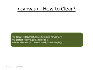<canvas> - How to Clear?
Thursday, January 19, 2017
var canvas = document.getElementById('myCanvas');
var context = canvas.getContext('2d');
context.clearRect(0, 0, canvas.width, canvas.height);
 