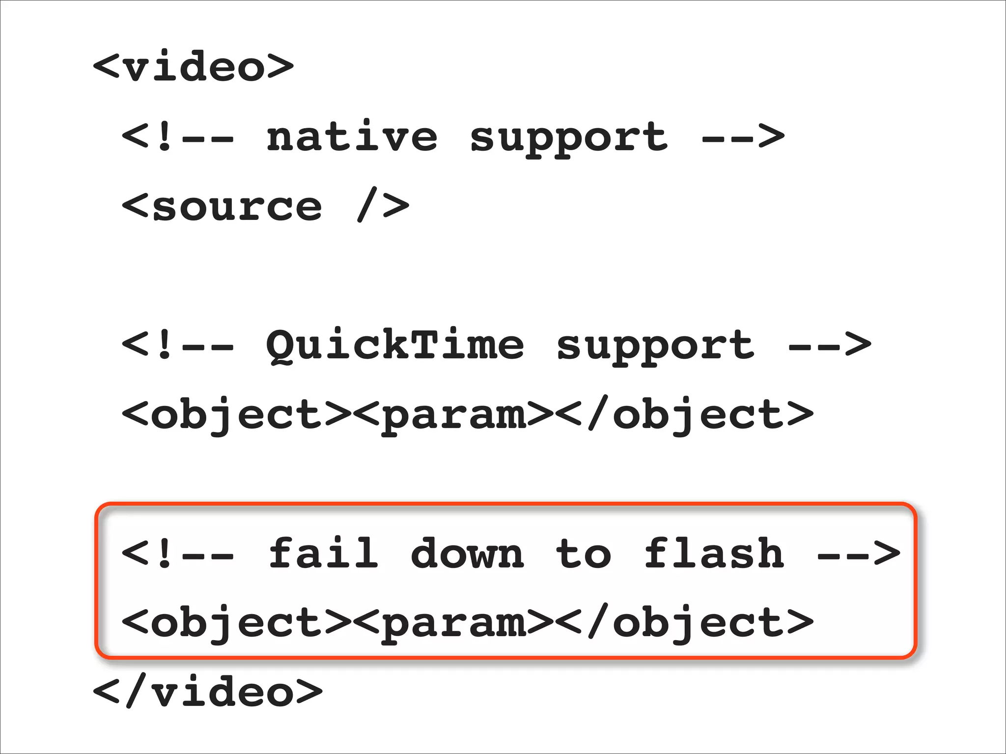 <video>
 <!-- native support -->
 <source />

 <!-- QuickTime support -->
 <object><param></object>

 <!-- fail down to flash -->
 <object><param></object>
</video>
 