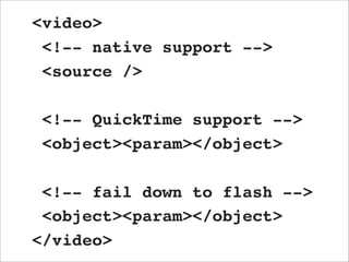 <video>
 <!-- native support -->
 <source />

 <!-- QuickTime support -->
 <object><param></object>

 <!-- fail down to flash -->
 <object><param></object>
</video>
 