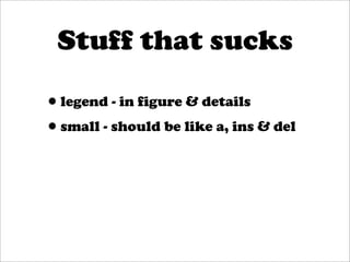 Stuff that sucks

•legend - in figure & details
•small - should be like a, ins & del
 