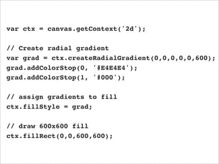 var ctx = canvas.getContext('2d');

// Create radial gradient
var grad = ctx.createRadialGradient(0,0,0,0,0,600);
grad.addColorStop(0, '#E4E4E4');
grad.addColorStop(1, '#000');

// assign gradients to fill
ctx.fillStyle = grad;

// draw 600x600 fill
ctx.fillRect(0,0,600,600);
 