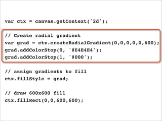 var ctx = canvas.getContext('2d');

// Create radial gradient
var grad = ctx.createRadialGradient(0,0,0,0,0,600);
grad.addColorStop(0, '#E4E4E4');
grad.addColorStop(1, '#000');

// assign gradients to fill
ctx.fillStyle = grad;

// draw 600x600 fill
ctx.fillRect(0,0,600,600);
 