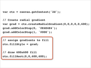 var ctx = canvas.getContext('2d');

// Create radial gradient
var grad = ctx.createRadialGradient(0,0,0,0,0,600);
grad.addColorStop(0, '#E4E4E4');
grad.addColorStop(1, '#000');

// assign gradients to fill
ctx.fillStyle = grad;

// draw 600x600 fill
ctx.fillRect(0,0,600,600);
 