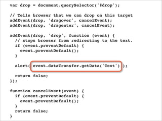 var drop = document.querySelector('#drop');

// Tells browser that we can drop on this target
addEvent(drop, 'dragover', cancelEvent);
addEvent(drop, 'dragenter', cancelEvent);

addEvent(drop, 'drop', function (event) {
  // stops browser from redirecting to the text.
  if (event.preventDefault) {
    event.preventDefault();
  }

  alert( event.dataTransfer.getData('Text') );

  return false;
});

function cancelEvent(event) {
  if (event.preventDefault) {
    event.preventDefault();
  }
  return false;
}
 