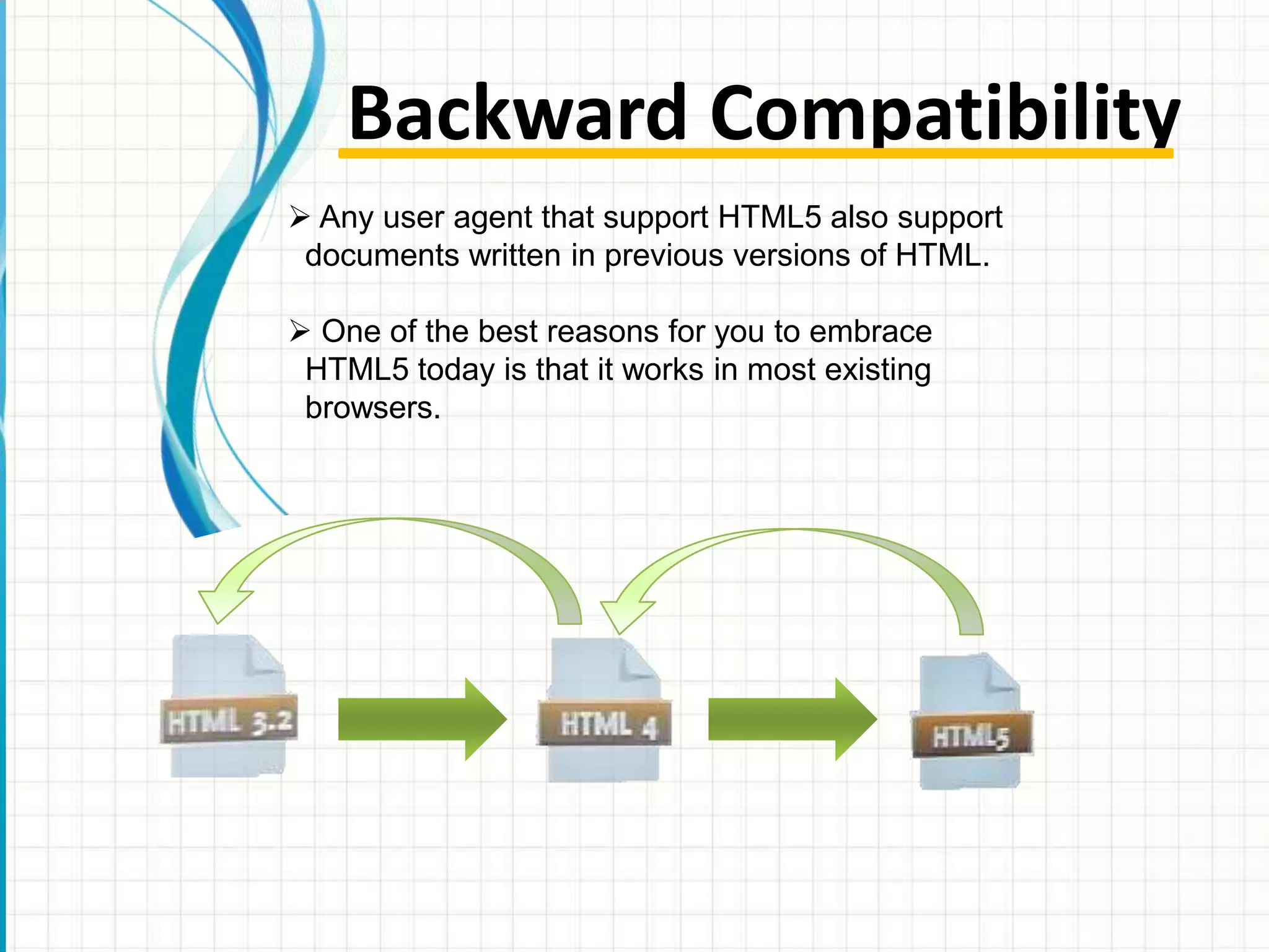 Backward Compatibility
 Any user agent that support HTML5 also support
documents written in previous versions of HTML.
 One of the best reasons for you to embrace
HTML5 today is that it works in most existing
browsers.

 