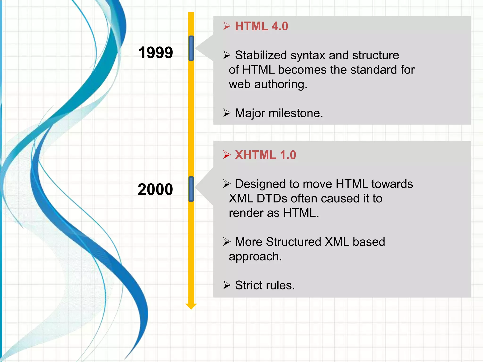  HTML 4.0

1999

 Stabilized syntax and structure
of HTML becomes the standard for
web authoring.
 Major milestone.

 XHTML 1.0

2000

 Designed to move HTML towards
XML DTDs often caused it to
render as HTML.
 More Structured XML based
approach.
 Strict rules.

 