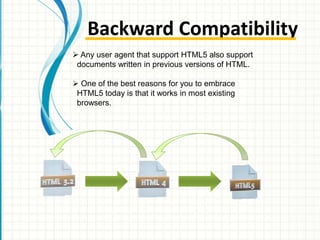 Backward Compatibility
 Any user agent that support HTML5 also support
documents written in previous versions of HTML.
 One of the best reasons for you to embrace
HTML5 today is that it works in most existing
browsers.

 