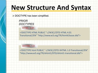 New Structure And Syntax
 DOCTYPE has been simplified.

PRIOR
DOCTYPES
HTML 4.01
<!DOCTYPE HTML PUBLIC "-//W3C//DTD HTML 4.01
Transitional//EN" "http://www.w3.org/TR/html4/loose.dtd">

XHTML 1.0
<!DOCTYPE html PUBLIC "-//W3C//DTD XHTML 1.0 Transitional//EN"
"http://www.w3.org/TR/xhtml1/DTD/xhtml1-transitional.dtd">

 