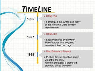 TIMELINE
 HTML 2.0

1995

 Formalized the syntax and many
of the rules that were already
implemented

 HTML 3.2

1997

 Legally ignored by browser
Manufactures who began to
implement their own tags.
 Web Standard Project

1998

 Pushed for std. adoption added
weight to the W3C
recommendations & promoted
standard based browsers

 