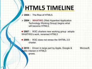 HTML5 TIMELINE
 2004 : The Rise of HTML5.

 2004 : WHATWG (Web Hypertext Application
Technology Working Group) begins what
will become HTML5.
2007 : W3C charters new working group adopts
WHATWG’s work, renamed HTML5
2009 : W3C does not renew the XHTML 2.0
charter.
2010 : Driven in large part by Apple, Google &
public interest in HTML5
grows.

Microsoft,

 