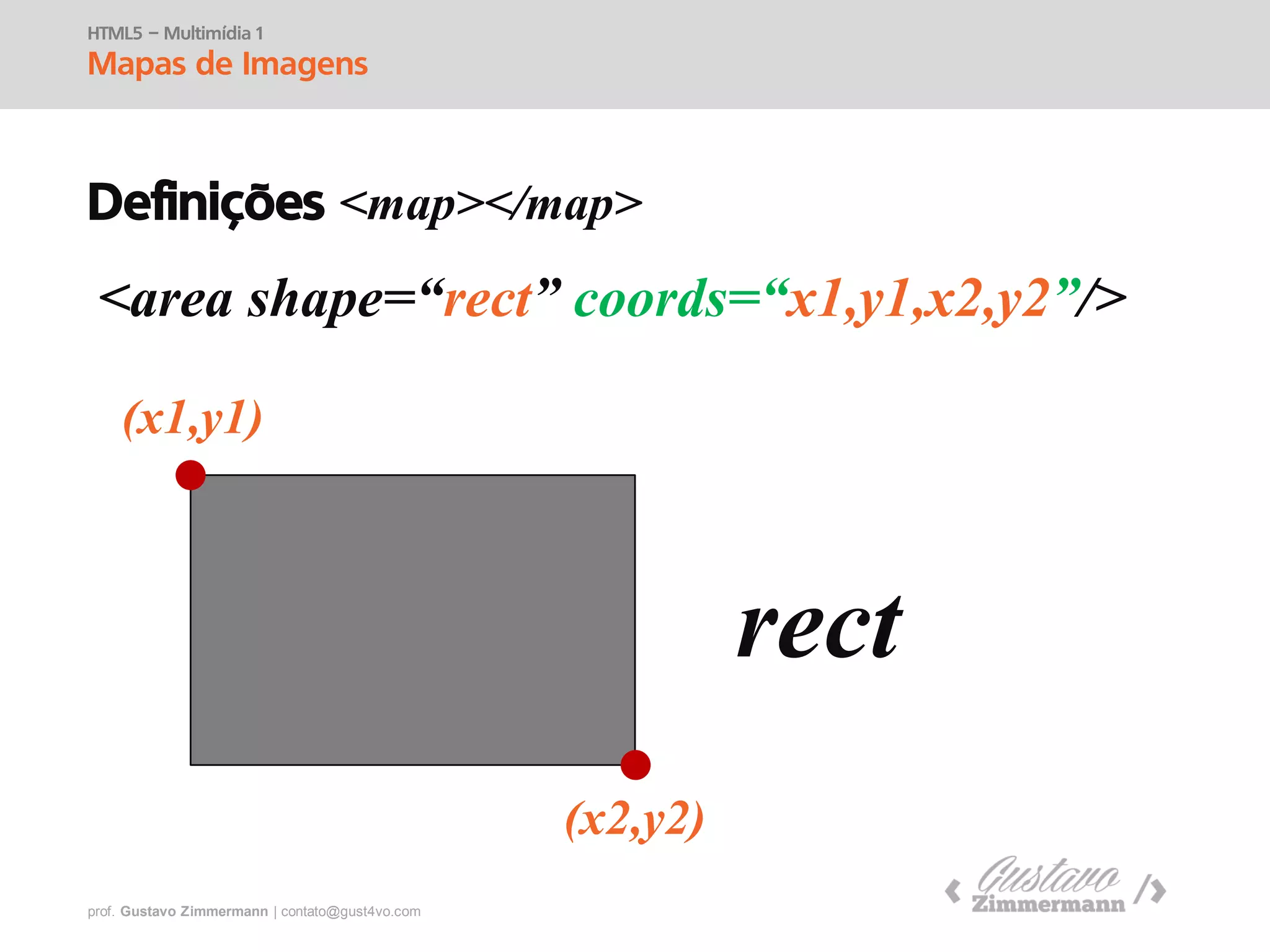 prof. Gustavo Zimmermann | contato@swag.ag
HTML5 – Multimídia 1
Mapas de Imagens
Definições <map></map>
<area shape=“rect” coords=“x1,y1,x2,y2”/>
(x1,y1)
(x2,y2)
rect
 